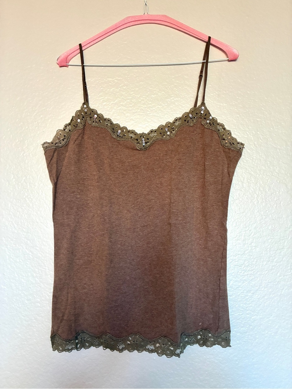 Y2K Unbranded Women's Brown Lace Trim Camisole Tank Top Size L Sequins Beaded
